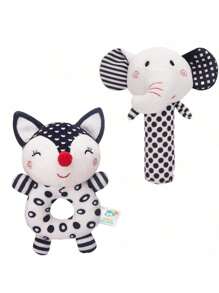 1 Pack Black & White Baby Rattles, Newborn Handcart Toys Soft Elephant & Fox Loop Toys, Hanging Type Infant Toys With High Contrast Black & White Animal Tambourine Music Toys Early Learning Toys For Boys And Girl Aged 0 3 6 12 Months, Gift
