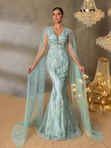 Faeriesty FAERIESTY Opulent Beaded V-Neck Evening Gown With Floor-Length Sheer Sleeves, Mermaid Silhouette & Dramatic Train | Luxury Red Carpet Dress For Galas, Formal Dinners, Wedding Receptions, Opera Galas, And Black-Tie Balls