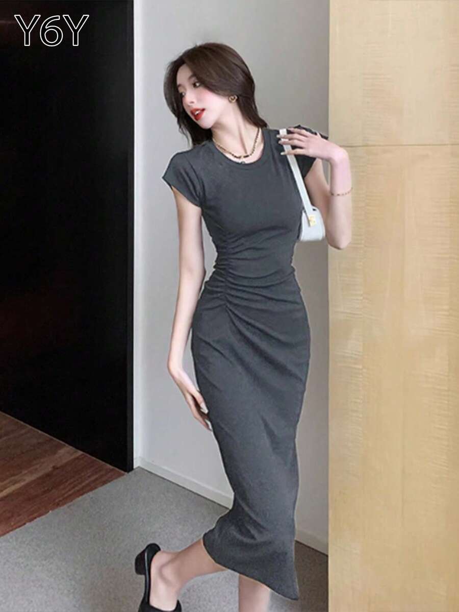 [Y6Y] 圆领插肩袖收腰褶裥连衣裙 | 秋冬女士叠穿连衣裙，修身短袖简约百搭紧身连衣裙，夏季优雅 - 淺灰色 - 查看 1