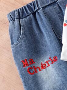 2قطعة طقم ملابس للبنات الرضع يتكون من بلوزة مريحة بأكمام طويلة + بنطلون جينز، خفيف الوزن، مناسب للربيع والخريف