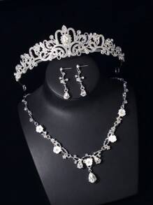 4pcs/Set Girls Kids Rhinestone Tiara Crown + Necklace + Earrings Luxury Jewelry Set, Suitable For Stage Performance, Party, Birthday, Holiday Dress Up, Fits Toddlers And Older Children