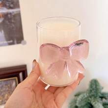 Bow Decor Glass Cup, Cute Water Cup, Household Glass Cup, Princess Style Cup, Juice Cup, Suitable For Iced Coffee And Juice, Drinkware - Transparent + Pink - View 5