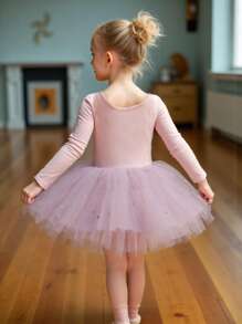 Shiny Long Sleeve Tulle Ballet Skirt For Girls, Solid Powder Pink Color, Children Dance Sportswear