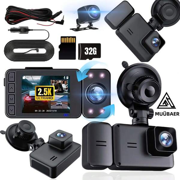 1600P Triple Camera Car Dash Cam – Front/Rear/Inside Recording, With Infrared Night Vision, Loop Recording, Wide-Angle DVR, 2.0-Inch IPS Screen, Dashboard Video Recorder (Optional 32GB Card Included) – Father's Day Gift