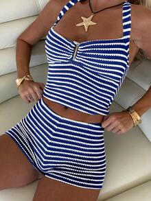 2pcs Knitted Stripe Contrast Color Resin Hollow Neck Shorts Bikini Set, Beach Wear - Navy Blue - View 5