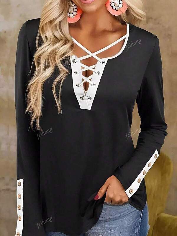 Zwarte V-hals contrasterende vetersluiting met lange mouwen voor dames, casual kleding, herfst