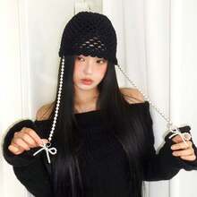 DIY Pearl Bow Pendant Hollow Handmade Knitted Pullover Hat Street Breathable Short Brim Personalized Skull Beanie Cap Korean - Red - View 2