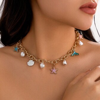 1 Pc Charm Necklace With Pendants Of Sun, Shells, Conches, Starfishes, Faux Pearls, Suitable For Women, Daily, Beach, Holiday, Party Wear, Gift