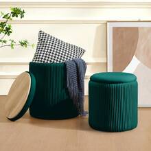 Round Ottoman With Storage Set Of 2 Upholstered Velvet Vanity Stool For Makeup Lines Support 300lbs Ottomans Multifunctional Foot Rest Coffee Table Padded Seat For Living Room&Bedroom-Green - Mint Green - View 2