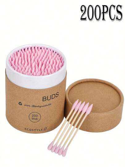 1 förpackning med 200 st. naturliga bomullspinnar av bambu med dubbelhuvade bomullspinnar, mjuka och bekväma engångspinnar för manikyr och smink