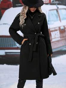 Women's Long Wool Coat With Belt And Double Buttons, Winter Overcoat - 黑色 - 查看 5