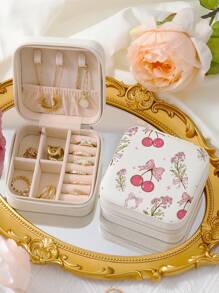 1 pièce Boîte à bijoux, boîte de rangement en PU pour accessoires de maison pour femmes, boîtes à bijoux de voyage, petite boîte à bijoux, boîte à bijoux pour boucles d'oreilles, boîte à bijoux pour colliers, organisateur de rangement de boîte à bijoux, boîte à bijoux vintage, cerise rose avec nœud sans couture
