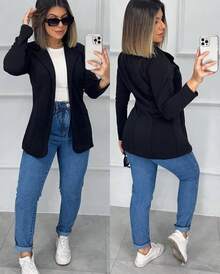 Women's Neoprene Blazer Stylish Formal Jacket - màu đen - Xem 2