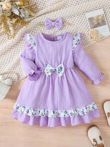 2pcs Set Simple Casual Solid & Floral Patchwork Bowknot Contrast Mini Cap Sleeve Long Dress With Headband, Suitable For Outdoor And Daily Wear In Spring Autumn