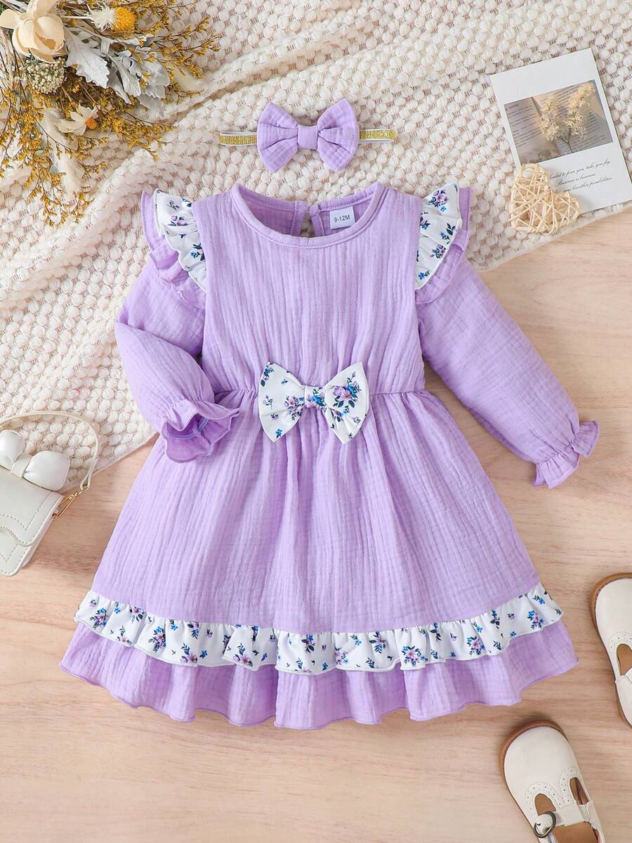 2pcs Set Simple Casual Solid & Floral Patchwork Bowknot Contrast Mini Cap Sleeve Long Dress With Headband, Suitable For Outdoor And Daily Wear In Spring Autumn