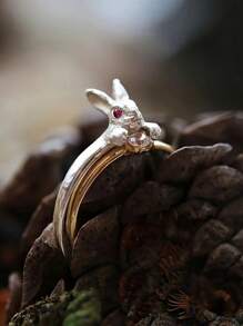 2pcs/Set Silver Rabbit Ring + Gold Rhinestone Ring Set, Cute Red-Eyed Rabbit Adjustable Rings, Jewelry Gift For Women