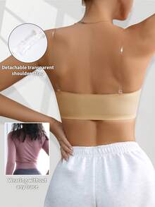 女士无缝文胸，无钢圈，带衬垫聚拢文胸，柔软舒适 - 杏色 - 查看 3