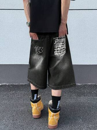 GlobeSwift 男士刺绣印花牛仔短裤