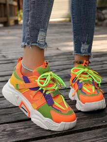 Tênis esportivos femininos estilo esportivo com letras laranja e decoração em malha, tênis de corrida versátil e respirável com sola grossa - Multicolorido - Ver 4