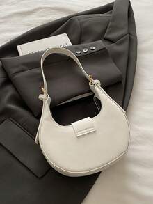 1个纯色复古简约PU皮革单肩包，时尚腋下金属装饰单肩包，适合日常购物、约会、工作、商务和聚会，新月形女士手提包 - 白色 - 查看 5