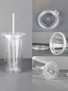 1pc Double Wall Clear Plastic Straw Cup, Insulated Milk Tea Cup - Clear - View 5