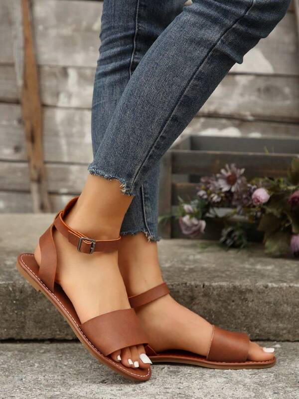 1 Pair Summer Flat Sandals, Minimalist Open Toe Roman Sandals With Metal Buckle For Teenagers