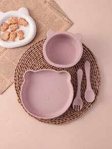 PopLittleOne 4PCS Baby Silicone Dinner Set Suction Cartoon Bear Bowl Plate Dishes Silicone Spoon Fork Eating Training Baby Tableware Soft Utensils - Multicolor - View 9