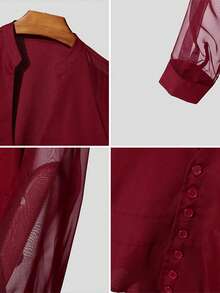 INCERUN Fashion Men Deep V-Neck Buttons Long Sleeve Mesh Sheer Patchwork Casual Tops Party Club Shirt Blouse - 紅色 - 查看 5