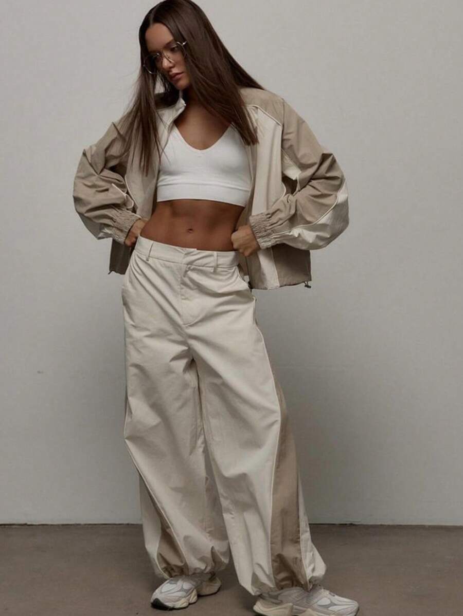 2pcs Women's Casual Outdoor Sports Set, Loose Fit Long Sleeve Cardigan And Pants, Loungewear Tracksuit - Apricot - View 1