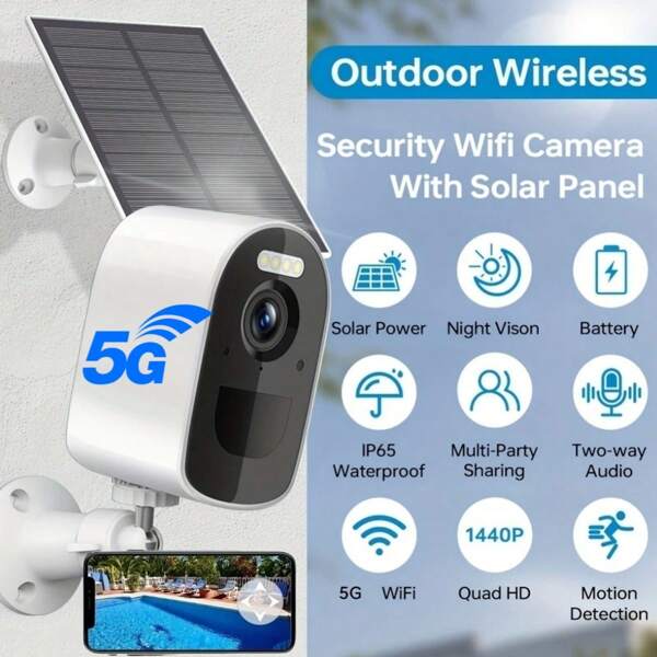 Cámara de seguridad inalámbrica de doble banda 2.4G/5G, alimentada por energía solar, batería de 5000 mAh, utilizable incluso sin suministro eléctrico, cámara de 40 megapíxeles, compatible con almacenamiento en la nube/tarjeta SD (se vende por separado), detección de movimiento, foco, visión nocturna a color, función de voz bidireccional, monitoreo de mascotas, cuidado de ancianos/bebés, monitoreo del patio, garantiza la seguridad de su familia