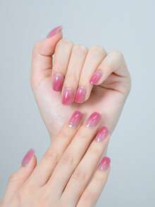 20 片半固化指甲油贴纸，凝胶疗法指甲贴纸，UV 凝胶指甲贴纸，软凝胶指甲贴纸需要灯固化，法式美甲设计，带金色亮片，持久耐用，易于粘贴和去除 - 粉色 - 查看 4