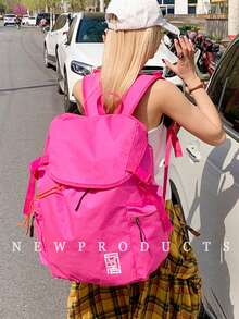 1 件 Low Tea 纯色尼龙背包，女士休闲学院风时尚背包，顶部单手提设计，翻盖开合，可调节肩带，适合单/双肩背，适合作为女性旅行礼物，适合通勤、户外、旅行、徒步旅行 - 玫紅色 - 查看 5