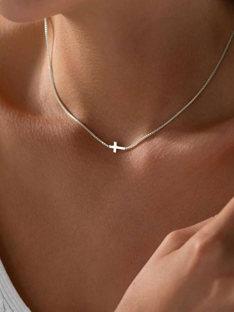 1pc Adjustable Silver Necklace With Cross Pendant, Elegant Design Suitable For Women's Daily Wear - Silver - View 1
