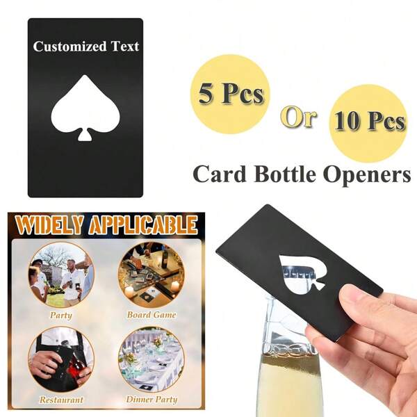 [5 peças/10 peças] Abridor de garrafas de metal personalizado em aço inoxidável para cartões de crédito, abridor de latas de cerveja portátil para carteira, bolso, casamento, festa de aniversário - prata/preto