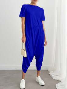 Enterizo mono jumpsuit mujer dama  manga corta cuello redondo corte relajado color lila bolsillos laterales tejido suave cómodo estilo casual moderno versátil para uso diario    Bolsillo  aberturas - azul real - Ver 3