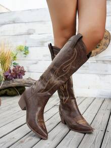 2025秋冬刺绣纯色防滑马靴，新款一脚蹬式外套女靴，时尚舒适百搭靴子，休闲西部风牛仔靴