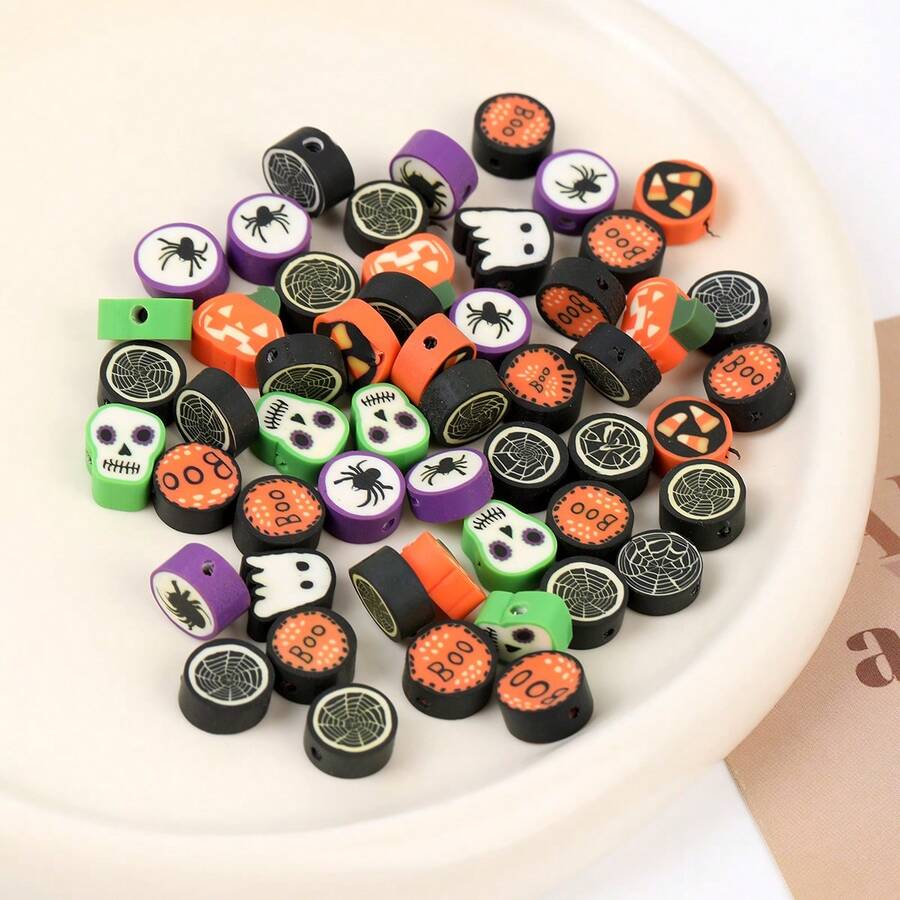 50 件/包万圣节软粘土骷髅珠手工 DIY 工艺用品适用于蜘蛛手链珠宝制作 - 隨機混款 - 查看 1