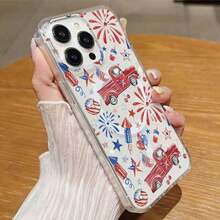 Funda para teléfono con diseño patriótico de camiones clásicos y fuegos artificiales (1 unidad). Compatible con phone 16, 15, 14, 13, 12 y 11 Pro. Fabricada en TPU, ofrece protección antigolpes. Ideal para la familia y los amigos. - transparente - Ver 5