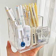 3-Compartment Transparent Acrylic Makeup Organizer, Brush Holder, Lipstick & Skincare Display Rack, Pen Holder, Suitable For Vanity, Office Desk, Small Acrylic Pen Cup, Makeup Brush Holder - Multicolor - View 8