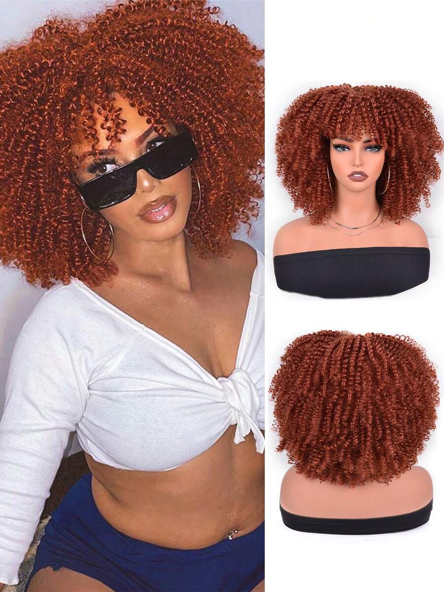 Short Afro Kinky Curly Wig With Bangs For Women High Temperature Synthetic Hair Wig Curly Afro Wigs For Women - Curly Afro Wigs Black Wig For Women Brown Gold Gradient 12 Inch Replacement Wigs Party Use Natural Black Hair Carnival Cosplay Wigs - 橘棕色-350# - 查看 1