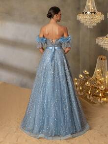 Faeriesty Elegant Off-Shoulder A-Line Evening Gown With Beaded Back-Tie Detail & Ruffled Sleeves – Sophisticated Formal Wear For Red Carpet Events, Black-Tie Galas, Wedding Guest Dresses, Formal Ceremonies, And Prom Night Attire - Teal Blue - View 2