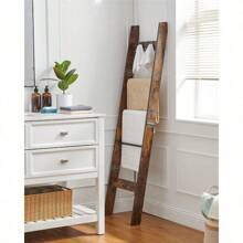 Worth Having, New 5-Tier  Ladder Shelf For Living Room, Decorative Quilt Rack With 4 Removable Hooks,Farmhouse Ladder Holder Organizer For Bedroom, Rustic Brown