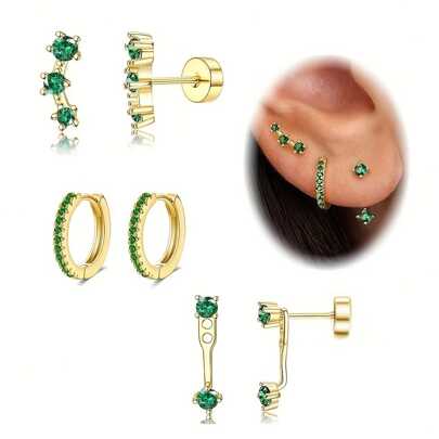 6pcs Elegant Hypoallergenic 18K Gold Plated Stainless Steel Flat Back Earrings Set,Luxury Synthetic Green Zirconia Jewelry Accessories Suitable For Daily Festival Parties Wearing