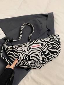Fashionable Versatile Casual Zebra Print Crescent Crossbody Bag - Black - View 5