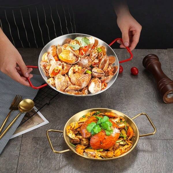 2pcs Stainless Steel Seafood Plate, Crayfish Plate, Gold Thickened Double Ear Plate With Handle, Korean Style Flat Bottomed French Fry Fried Chicken Plate, Rice Pot, Hot Pot, Soup Pot, Crayfish Seafood Kitchen Utensils, Kitchenware, Restaurant Supplies