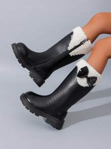 5-18 Years Old Girls Winter Vintage British Style Bowknot Thermal Lined Riding Boots, Fashionable Classic Soft Comfortable Leather Children Boots For Outdoor, Anti-Slip Durable Round Toe Kids Long Tube Boots, Spring/Autumn Easy On/Off Girls Rubber Boots 2025 New Black Matte Tall Boots