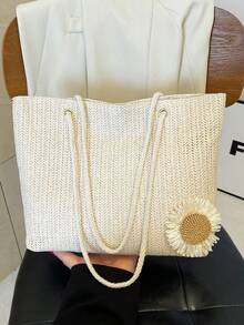 米色编织手提包，饰以花卉图案，休闲风格，适合办公室、海滩等场合。 - 米色 - 查看 4