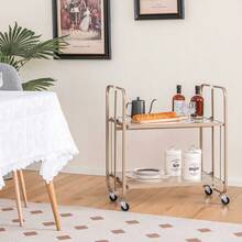 2-Tier Foldable Kitchen Bar Cart Mobile Tempered Glass Serving Cart W/ Handle - Multicolor - View 3