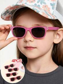 4 件装 9-14 岁男孩和女孩方形闪亮图案酷炫户外时尚眼镜，适合 2000 年代配饰和节日服装 - 彩色 - 查看 2