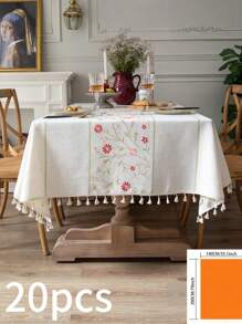 1pc Pink Floral With Green Leaf Embroidered Tablecloth, French Luxury Minimalist Style, Home Kitchen Decor, Suitable For Holiday Gatherings, Birthday Parties, Dining Table Decor, Home Decoration, All Seasons